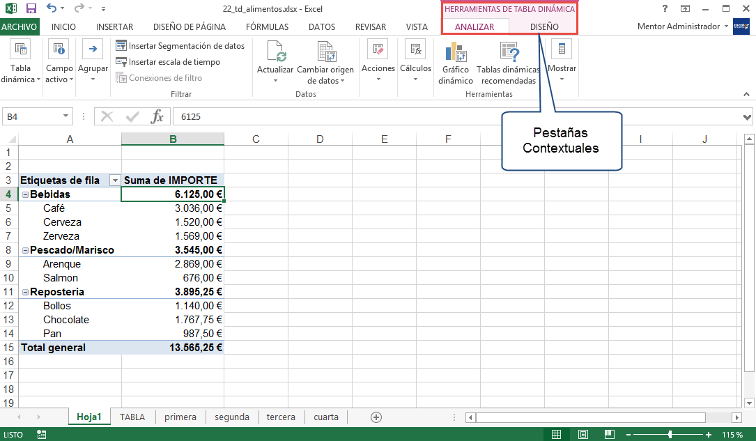 Pestañas contextuales en Excel